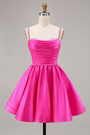 Fuchsia Satin A Line Short Homecoming Dress with Beading